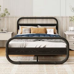Double Bed Frame with Headboard, Metal Platform Bed Frame with Wood Headboard/Mattress Base/Metal Slat Support/Underbed storage/Black Bed Frame Double Bed 4ft6