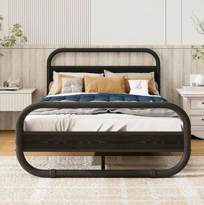 Double Bed Frame with Headboard, Metal Platform Bed Frame with Wood Headboard/Mattress Base/Metal Slat Support/Underbed storage/Black Bed Frame Double Bed 4ft6