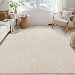Washable Rugs Living Room 120 x 160 cm Anti Slip Rugs Classic Large Rugs for Bedroom Short Pile Modern Design Floor Mat Soft Touch Geometric Rugs for Kitchen Office Home Decor, Cream