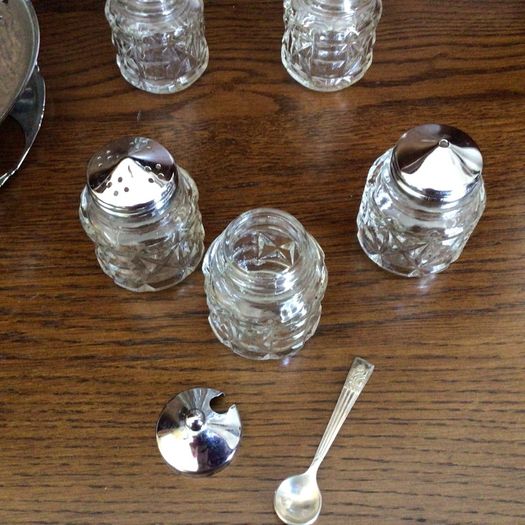 Vintage Condiment Creut Set Glass And Stainless Steel  Complete Vgc
