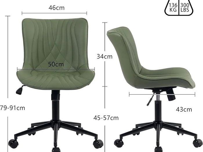 Office Chair Adjustable, Ergonomic Desk Chair Armless PU Leather Swivel Chairs with Wheels for Home Office Computer, Modern, Olive Green