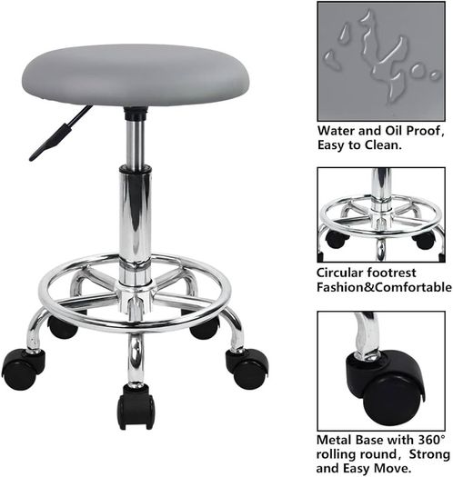 NEW SALE Swivel Rolling Stool Height Adjustable PU Leather Cushion Salon Vanity Massage Office Stool Chair Small (Gray