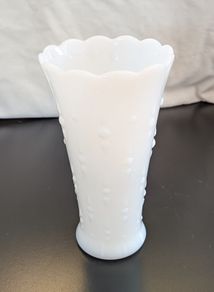 Vintage White Milk Glass Hobnail Vase Scalloped Rim 18cm
