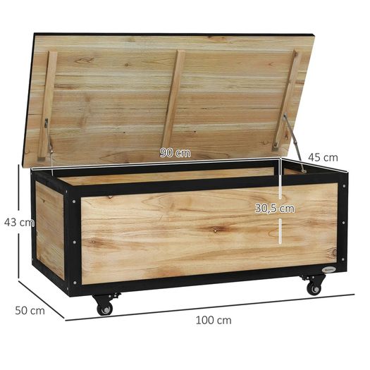 Garden Storage Box, 121 Liters, 2 Wheels, Weatherproof, Metal Frame, Natural Wood, 100x50x43 cm