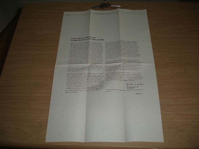 A Love Letter From John Lennon and Yoko New York Times 1979 Repro