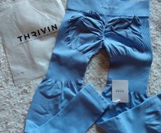 THRIVIN Size L Blue Scrunch Bum Ribbed Gym Leggings Seamless High Waist