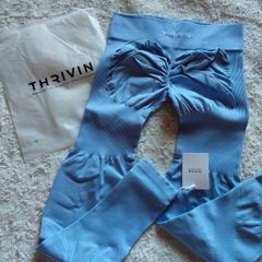 THRIVIN Size L Blue Scrunch Bum Ribbed Gym Leggings Seamless High Waist