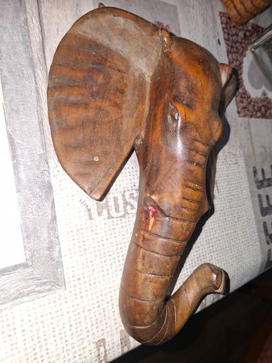 Antique Rustic Carved Wood Elephant Head Wall Hanging Symbol of Good Luck and Positive Energy