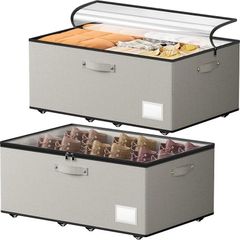 63L Under Bed Storage on Wheels, 2 Pack Rolling Underbed Storage Bins, Grey Under Bed Storage Box with Lid & Label, Underbed Storage Boxes for Clothes, Shoes, Blankets, Toys