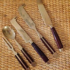 Brass & wood 3 knives (butter & cheese), spoon & fork
