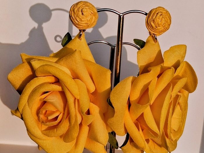 Realistic Yellow Extravagant Rose with Raffia Woven Stud Earrings