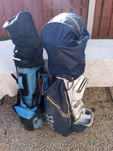 A selection of golf clubs and bags. All right handed clubs.