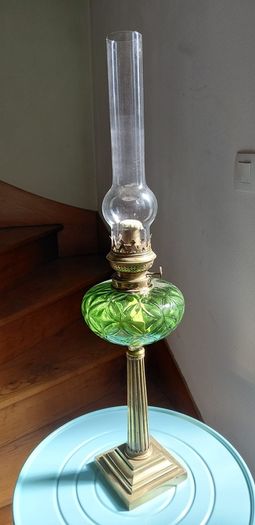 antique French large green glass oil lamp, works