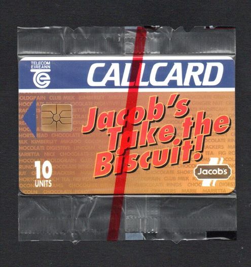 1993 Ireland 10 unit Jacob's biscuits and Club chocolate bar (Gemplus GEM1) Call Card Mint in packaging. Telecom Eireann Card Number 1049