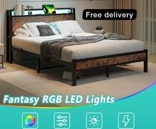 King Size Bed Frame with Charging Station and LED Lights