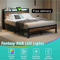 King Size Bed Frame with Charging Station and LED Lights