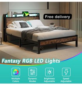 King Size Bed Frame with Charging Station and LED Lights