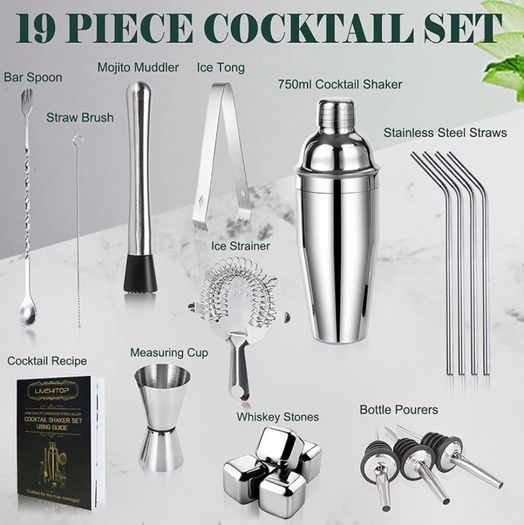19 Pcs Cocktail Making Set, Stainless Steel Bartender Kit with 750ML Boston Cocktail Shaker for Party, Bar, Home (FREE POSTAGE)