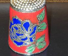 Vintage cloisonne thimble with  blue rose