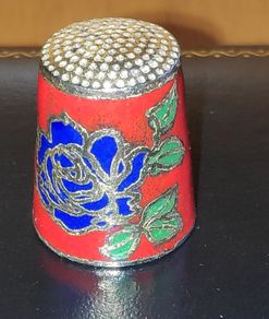 Vintage cloisonne thimble with  blue rose