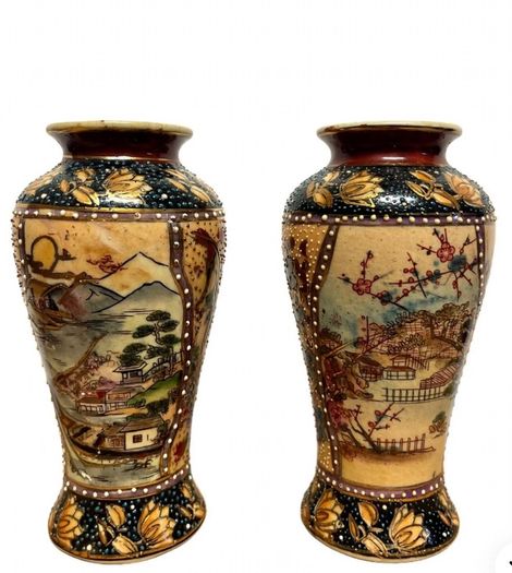 Vintage Satsuma Style Moriage Vases - Matching Pair