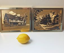 Two Dufex gold foil prints Shakespeare's Birthplace in Stratford-upon-Avon and Man & his Horse Chiddingstone, Kent  in brass glazed frames   size 17.5x22.5cm
