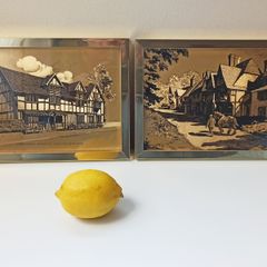 Two Dufex gold foil prints Shakespeare's Birthplace in Stratford-upon-Avon and Man & his Horse Chiddingstone, Kent  in brass glazed frames   size 17.5x22.5cm