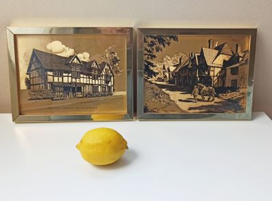 Two Dufex gold foil prints Shakespeare's Birthplace in Stratford-upon-Avon and Man & his Horse Chiddingstone, Kent  in brass glazed frames   size 17.5x22.5cm