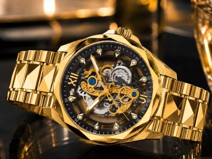 Gold Stainless steel auto skeleton watch