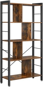 _bookshelf, shelf with 4 levels, standing shelf, bookcase, office shelf, industrial design, for living room, office, study, large, metal frame, vintage brown-black