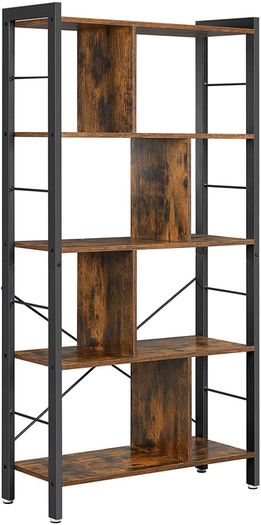 _bookshelf, shelf with 4 levels, standing shelf, bookcase, office shelf, industrial design, for living room, office, study, large, metal frame, vintage brown-black