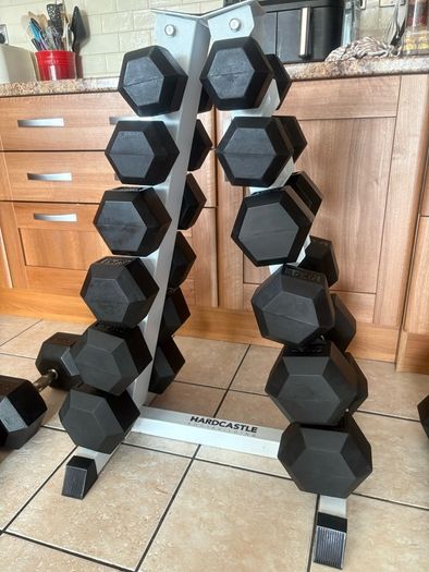 Rubber Hex Dumbbell Set + Upright Dumbbell Storage Rack