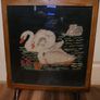 Vintage Fire Screen with Swans Embroidery inset behind glass. Image 2