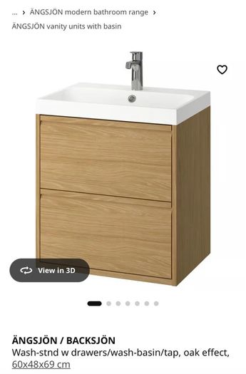 IKEA ANGSJON 2-Drawer Wash Stand BACKSJON Sink - Unused Oak Effect 60cm