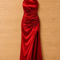 New Red Satin Debs Dress Prom Ball Gown Full Length Evening Gown