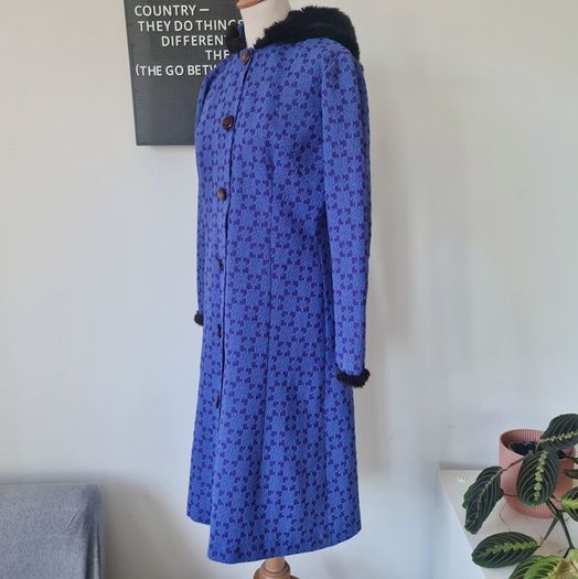 Vintage 1970s 1960s hippie psychedelic purple blue maxi coat with hood Made in Ireland Irish design whimsygoth