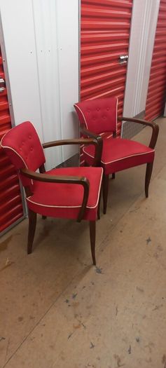 Pair of two very french antique chairs red upholstery oak wood nice stylish 1950s