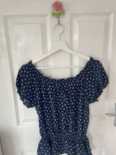 Navy bow print f&f soft women's blouse