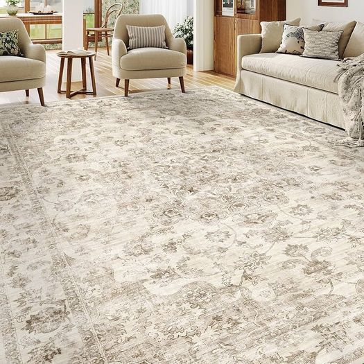 Vintage Rugs Living Room Beige Large Area Rug 200x300cm Non Slip Washable Hall Lounge Bedroom Kitchen Office Dining Room Indoor Carpet Low Pile Big Carpets