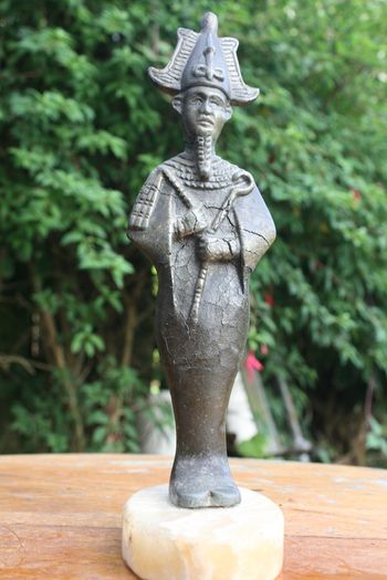 Vintage Egyptian  Figure of Osiris 10" (made of some metal, a few cracks visible in the photos, mounted on a marble base)