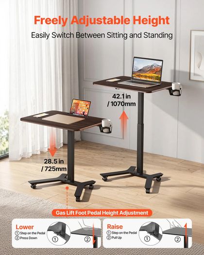Adjustable Standing Desk 715 x 520mm, Mobile Sit Stand Computer Workstation with Wheels, Pneumatic Height Adjustment, Foot Pedal Lift, 15kg Capacity, Black