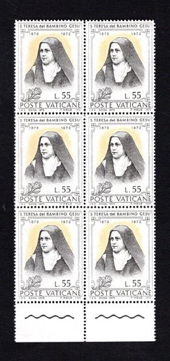 1973 Vatican City The 100th Anniversary of the Birth of Sct. Theresia of Jesus Commemorative Stamps Marginal Block of 6 Mint Never Hinged (MNH)