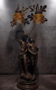 Stunning Antique Art Nouveau Figural Table Lamp with Amber Tulip Shades