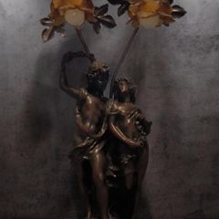 Stunning Antique Art Nouveau Figural Table Lamp with Amber Tulip Shades