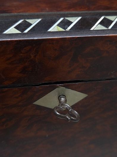 Antique Victorian Burr Wood Tea Caddy Brass Inlay c1850 1880 With Key