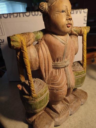 Chinese Polychrome Wood Carving of Boy Carrying Turtles