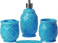main image for ad Bathroom Designer 4-Piece Ceramic Bath Accessory Set - Includes Liquid Soap or Lotion Dispenser w/Toothbrush Holder, Tumbler, Soap Dish - Moroccan Trellis - Bath Accessories Set - Holds 461ml