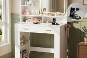 Dressing Table with LED Mirror, Vanity Desk with 3 Lighting Colours Mirror and Power Strip, Makeup Table Storage Set for Bedroom with 2 Drawers, 9 Open Shelves and Hair Dryer Holder, White