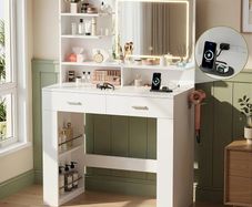Dressing Table with LED Mirror, Vanity Desk with 3 Lighting Colours Mirror and Power Strip, Makeup Table Storage Set for Bedroom with 2 Drawers, 9 Open Shelves and Hair Dryer Holder, White