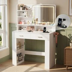 Dressing Table with LED Mirror, Vanity Desk with 3 Lighting Colours Mirror and Power Strip, Makeup Table Storage Set for Bedroom with 2 Drawers, 9 Open Shelves and Hair Dryer Holder, White